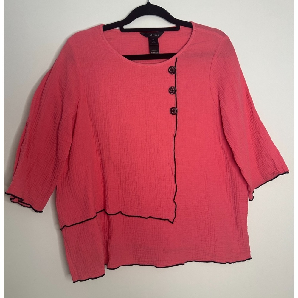 Ali Miles Pink Cotton Gauze Asymmetrical Button Blouse 3/4 Sleeve Petite Medium - Picture 2 of 10